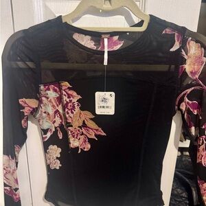 Free People Black Floral Mesh Bodysuit